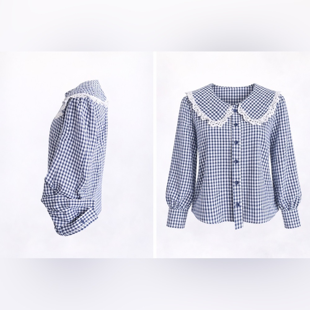 Intuition Paris Lace Collar Gingham Blouse Made in Italy